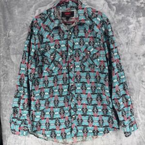 Rock and Roll Denim Turquoise Geometric Print Modern Fit Western Shirt Mens XL